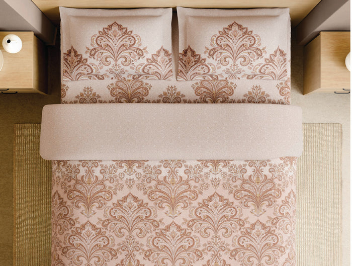Spaces Blue Pottery 100% Cotton 210 TC Ornate Light Peach Festive Large Bedsheet with 2 Pillow Covers - 108 x 108 Inches