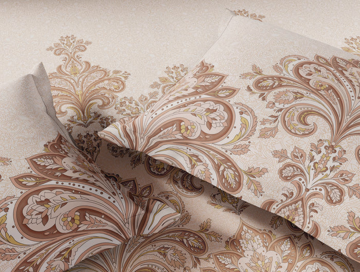Spaces Blue Pottery 100% Cotton 210 TC Ornate Light Peach Festive Large Bedsheet with 2 Pillow Covers - 108 x 108 Inches