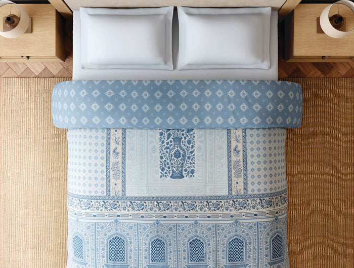 Spaces Blue Pottery 100% Cotton 300 TC Ornate Light Aqua Double Quilt - 88 x 106 Inches