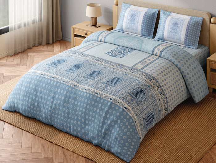 Spaces Blue Pottery 100% Cotton 300 TC Ornate Light Aqua Festive Large Bedsheet with 2 Pillow Covers - 108 x 108 Inches
