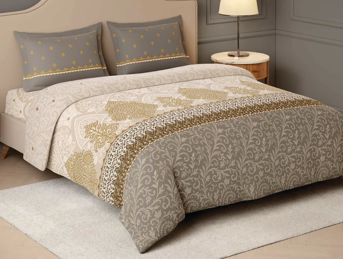 Spaces Dhokra 100% Cotton 210 TC Floral Cream Festive Large Bedsheet with 2 Pillow Covers - 108 x 108 Inches
