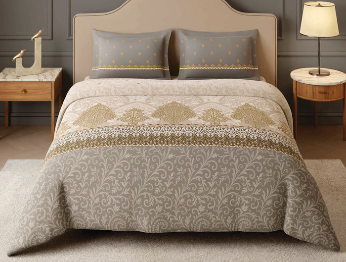 Spaces Dhokra 100% Cotton 210 TC Floral Cream Festive Large Bedsheet with 2 Pillow Covers - 108 x 108 Inches