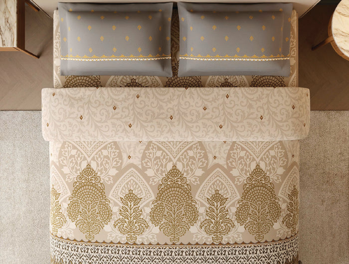 Spaces Dhokra 100% Cotton 210 TC Floral Cream Festive Large Bedsheet with 2 Pillow Covers - 108 x 108 Inches