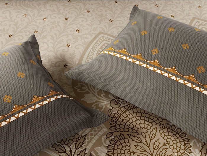 Spaces Dhokra 100% Cotton 210 TC Floral Cream Festive Large Bedsheet with 2 Pillow Covers - 108 x 108 Inches