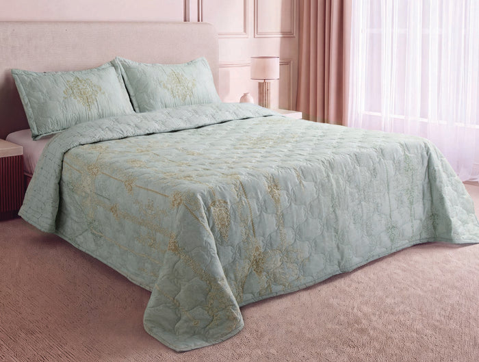 Spaces Ember Coverlet Light Aqua Ornate 100% Cotton Double Coverlet with 2 Pillow Covers - 88 x 106 Inches