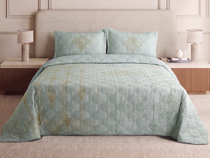 Spaces Ember Coverlet Light Aqua Ornate 100% Cotton Double Coverlet with 2 Pillow Covers - 88 x 106 Inches