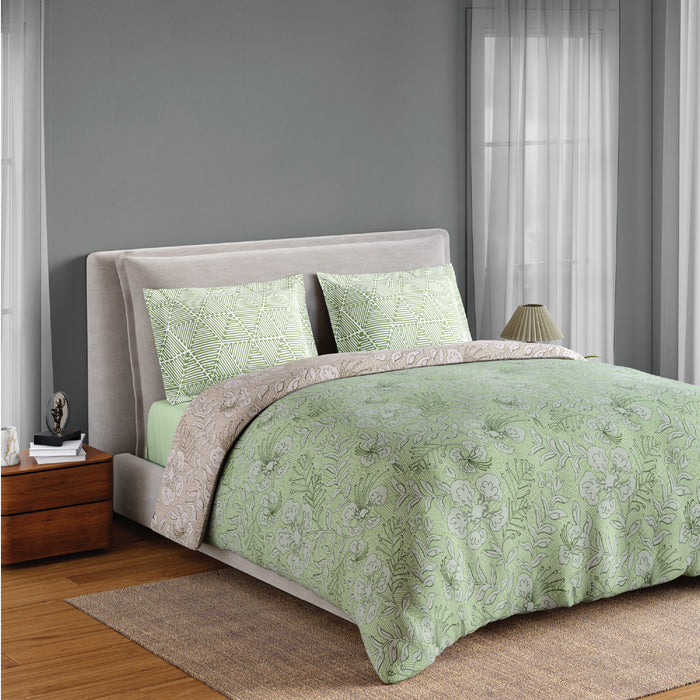 Spaces Fiora 100% Cotton 144 TC Percale Floral Permium Bedding Set, Light Green
