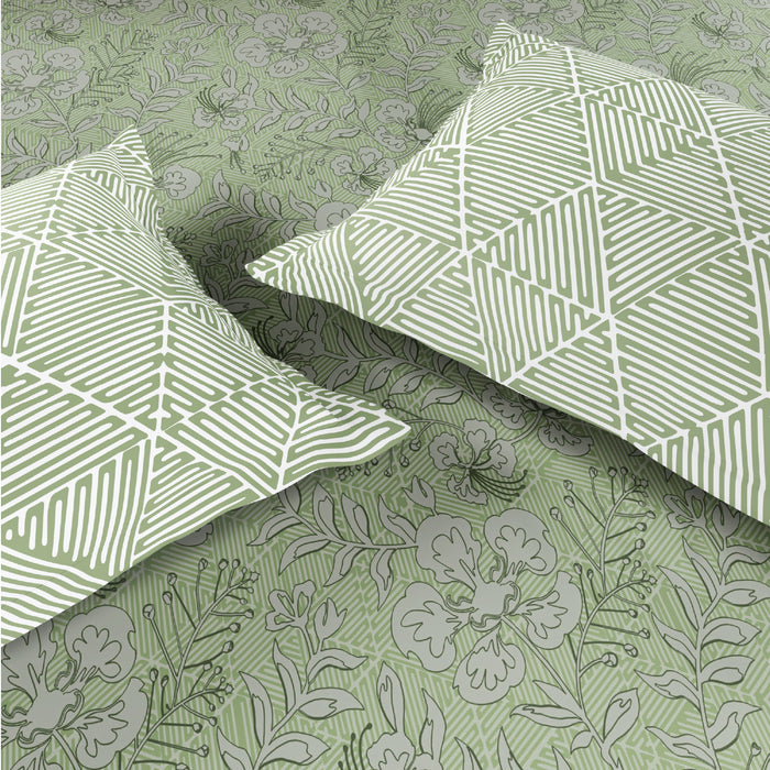 Spaces Fiora 100% Cotton 144 TC Percale Floral Permium Bedding Set, Light Green