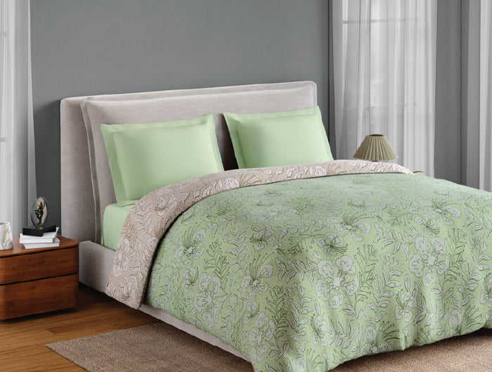 Spaces Fiora 100% Cotton 144 TC Percale Floral Permium Double Duvet Cover, Light Green