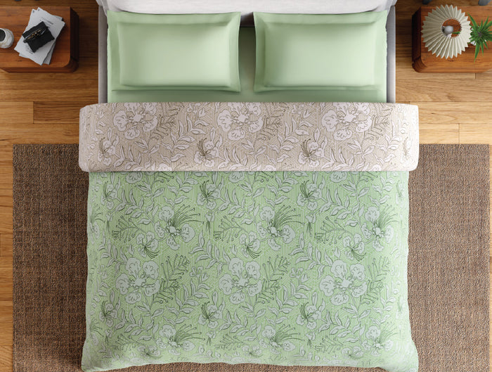 Spaces Fiora 100% Cotton 144 TC Percale Floral Permium Double Duvet Cover, Light Green