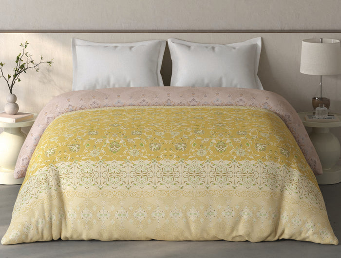 Spaces Fiora 100% Cotton Ornate Light Yellow Double Quilt - 88 x 106 Inches