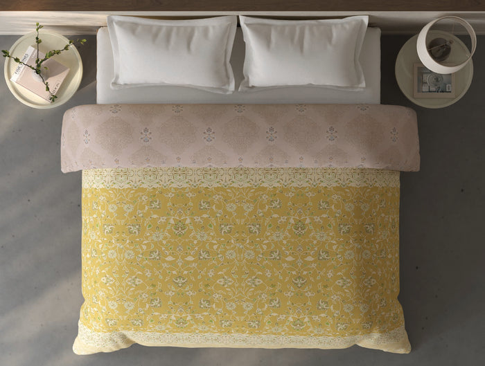 Spaces Fiora 100% Cotton Ornate Light Yellow Double Quilt - 88 x 106 Inches