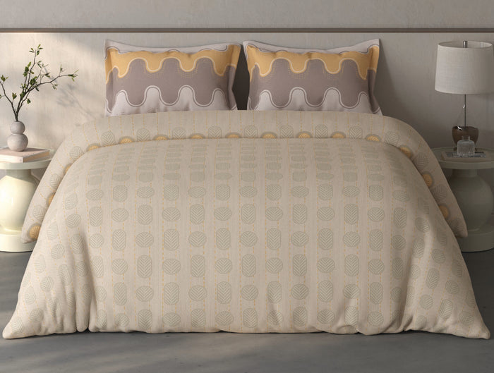 Spaces Fiora Beige Geometric 100% Cotton Large Bedsheet with 2 Pillow Covers - 108 x 108 Inches