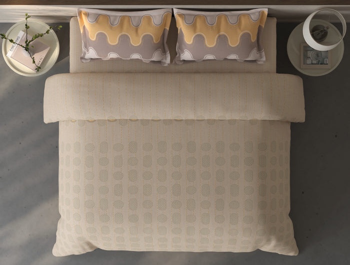 Spaces Fiora Beige Geometric 100% Cotton Large Bedsheet with 2 Pillow Covers - 108 x 108 Inches