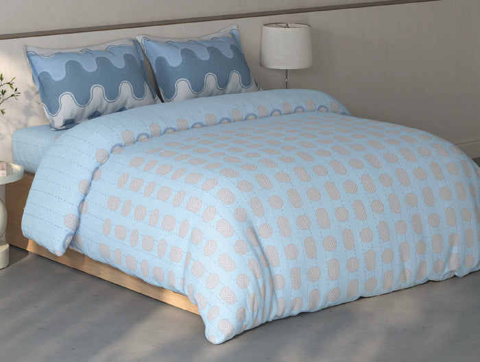 Spaces Fiora Blue Geometric 100% Cotton Large Bedsheet with 2 Pillow Covers - 108 x 108 Inches