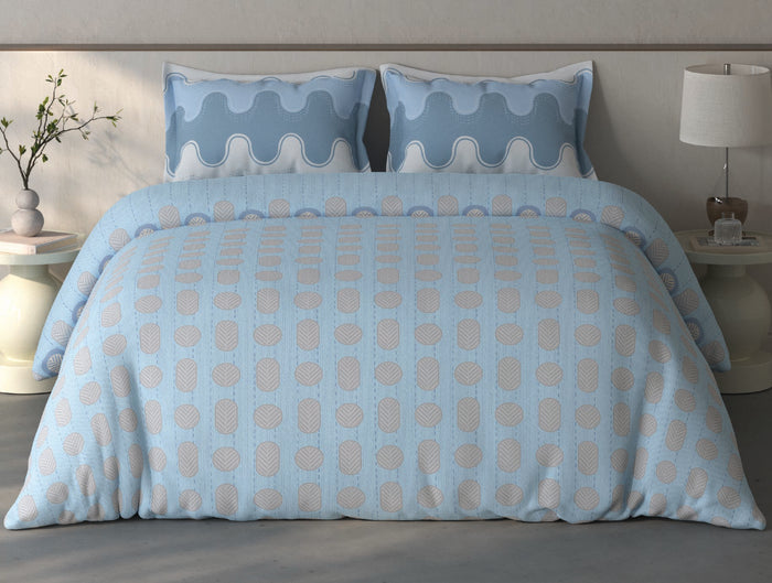 Spaces Fiora Blue Geometric 100% Cotton Large Bedsheet with 2 Pillow Covers - 108 x 108 Inches