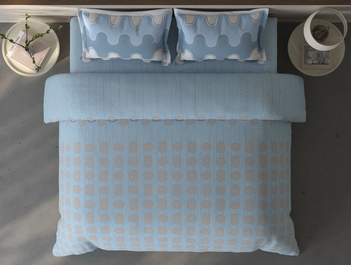 Spaces Fiora Blue Geometric 100% Cotton Large Bedsheet with 2 Pillow Covers - 108 x 108 Inches
