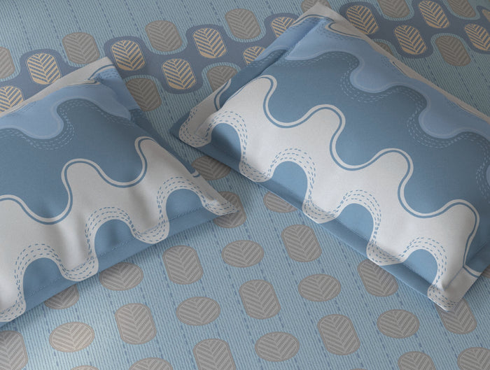 Spaces Fiora Blue Geometric 100% Cotton Large Bedsheet with 2 Pillow Covers - 108 x 108 Inches