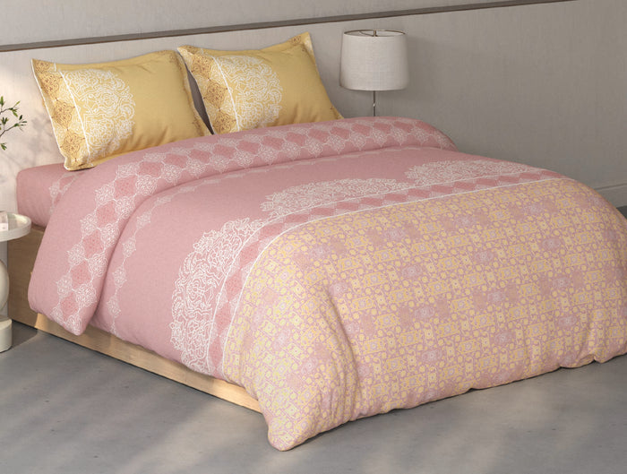 Spaces Fiora Blush Ornate 100% Cotton Large Bedsheet with 2 Pillow Covers - 108 x 108 Inches