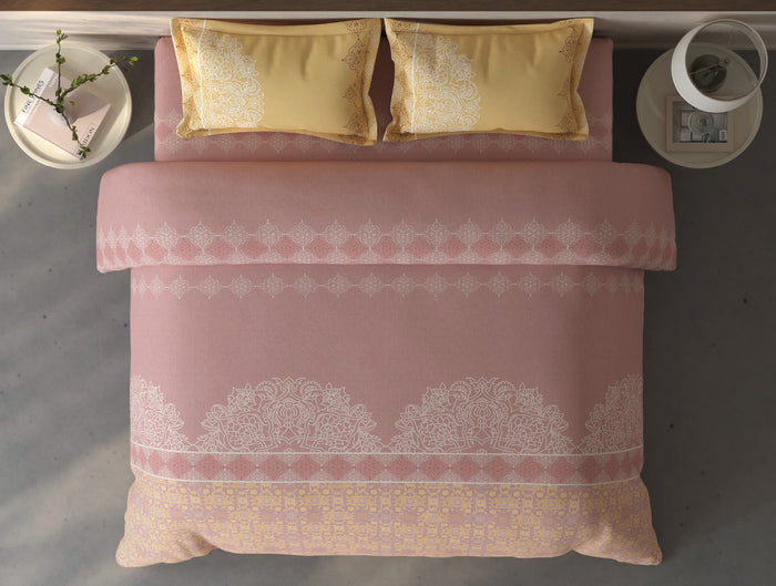 Spaces Fiora Blush Ornate 100% Cotton Large Bedsheet with 2 Pillow Covers - 108 x 108 Inches