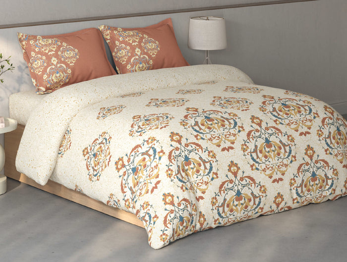 Spaces Fiora Cream Ornate 100% Cotton Large Bedsheet with 2 Pillow Covers - 108 x 108 Inches