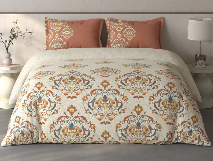 Spaces Fiora Cream Ornate 100% Cotton Large Bedsheet with 2 Pillow Covers - 108 x 108 Inches