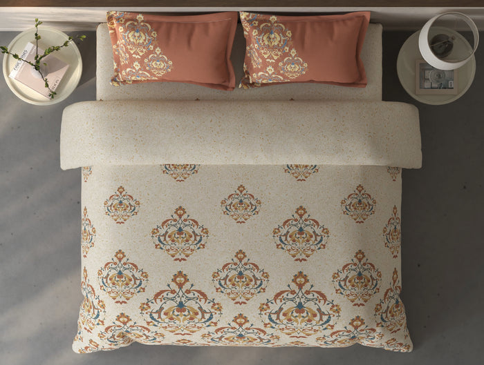 Spaces Fiora Cream Ornate 100% Cotton Large Bedsheet with 2 Pillow Covers - 108 x 108 Inches