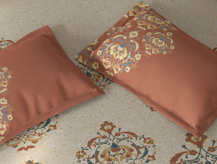Spaces Fiora Cream Ornate 100% Cotton Large Bedsheet with 2 Pillow Covers - 108 x 108 Inches