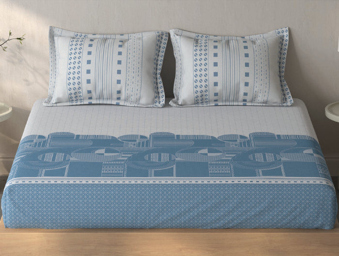 Spaces Fiora Grey Geometric Cotton Queen Fitted Sheet with 2 Pillow Covers - 60 x 78 Inches