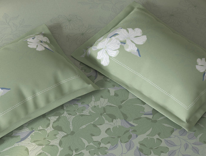 Spaces Fiora Light Aqua Floral 100% Cotton Large Bedsheet with 2 Pillow Covers - 108 x 108 Inches