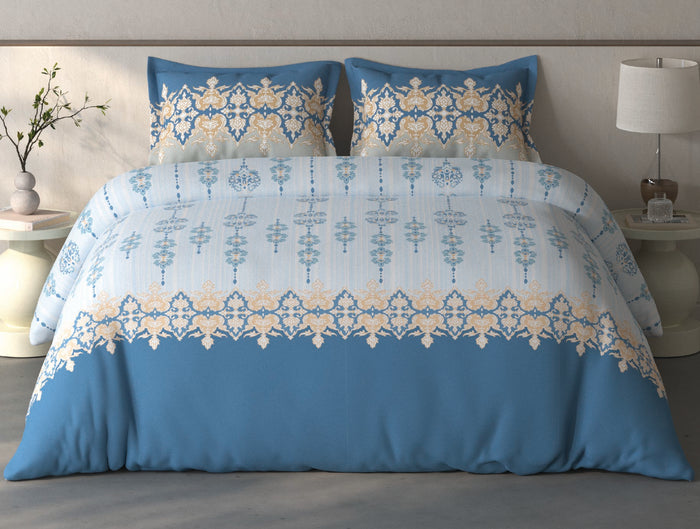 Spaces Fiora Light Blue Ornate 100% Cotton Large Bedsheet with 2 Pillow Covers - 108 x 108 Inches