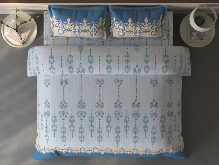 Spaces Fiora Light Blue Ornate 100% Cotton Large Bedsheet with 2 Pillow Covers - 108 x 108 Inches