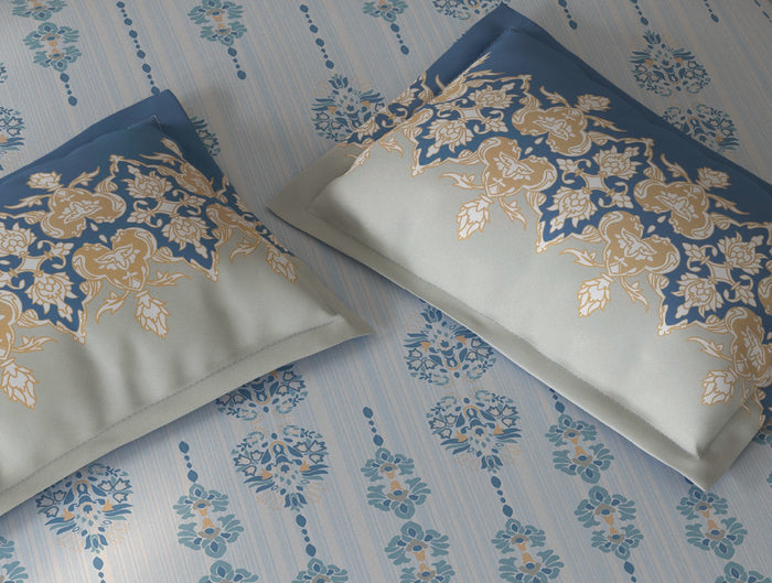 Spaces Fiora Light Blue Ornate 100% Cotton Large Bedsheet with 2 Pillow Covers - 108 x 108 Inches