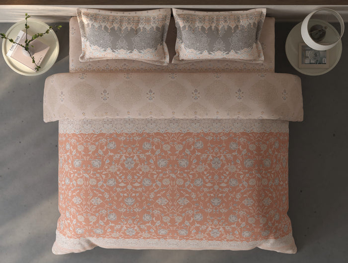 Spaces Fiora Light Blush Ornate 100% Cotton Large Bedsheet with 2 Pillow Covers - 108 x 108 Inches