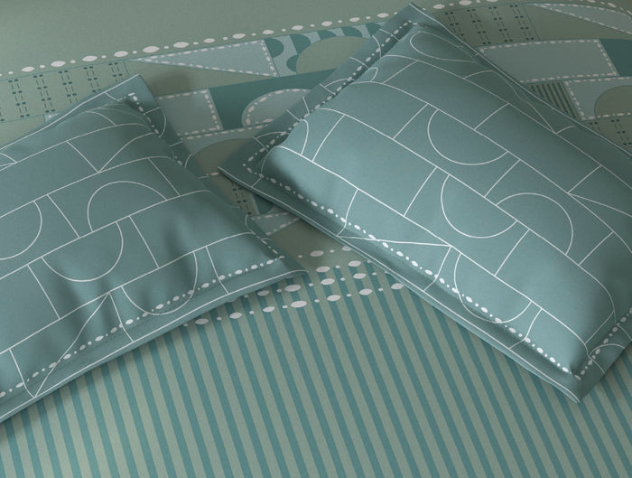 Spaces Fiora Light Green Geometric 100% Cotton Large Bedsheet with 2 Pillow Covers - 108 x 108 Inches