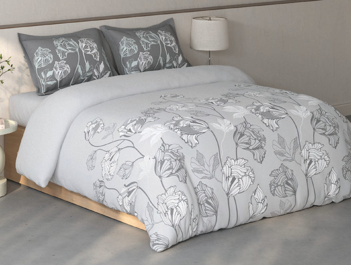 Spaces Fiora Light Grey Floral 100% Cotton Large Bedsheet with 2 Pillow Covers - 108 x 108 Inches