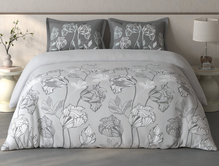 Spaces Fiora Light Grey Floral 100% Cotton Large Bedsheet with 2 Pillow Covers - 108 x 108 Inches