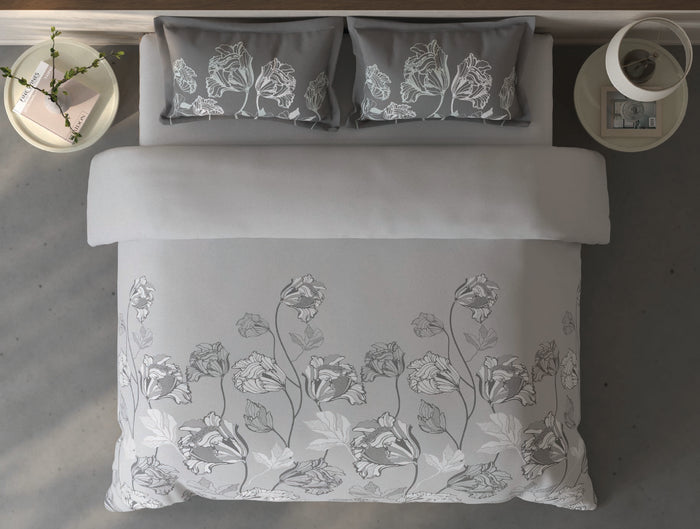 Spaces Fiora Light Grey Floral 100% Cotton Large Bedsheet with 2 Pillow Covers - 108 x 108 Inches
