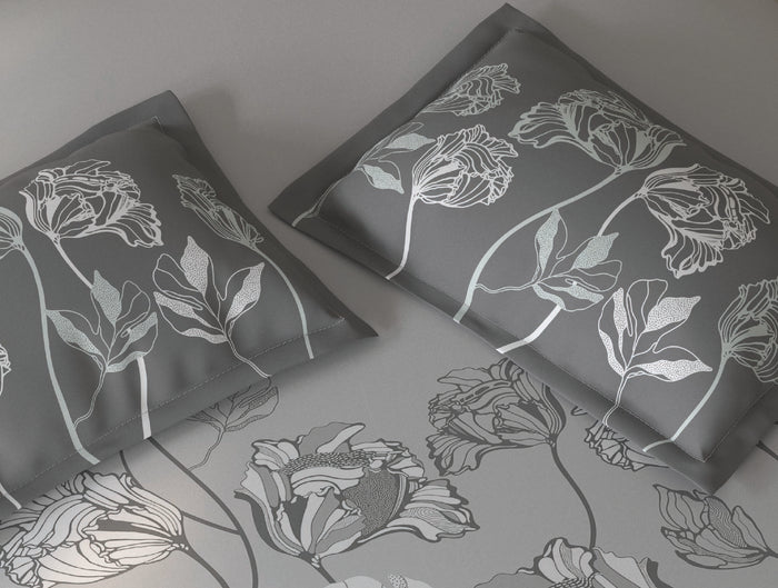 Spaces Fiora Light Grey Floral 100% Cotton Large Bedsheet with 2 Pillow Covers - 108 x 108 Inches