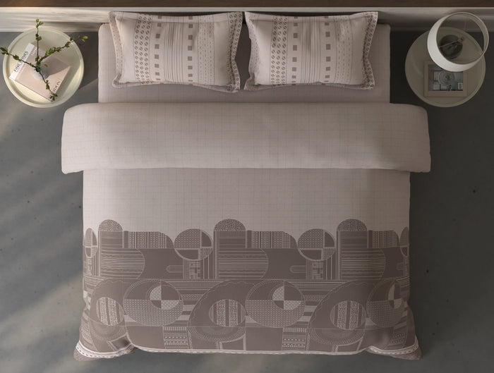 Spaces Fiora Light Taupe Geometric 100% Cotton Large Bedsheet with 2 Pillow Covers - 108 x 108 Inches