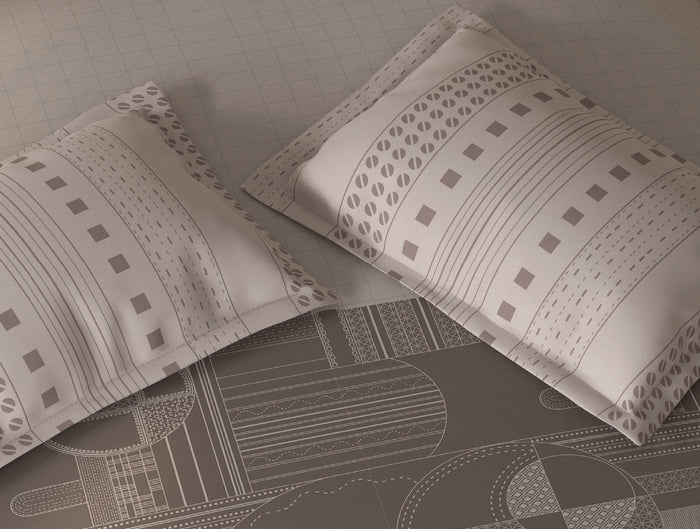 Spaces Fiora Light Taupe Geometric 100% Cotton Large Bedsheet with 2 Pillow Covers - 108 x 108 Inches