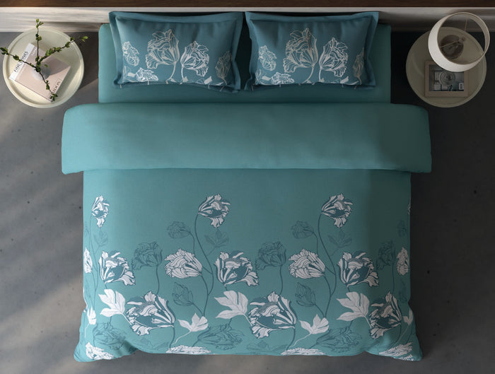 Spaces Fiora Light Teal Floral 100% Cotton Double Duvet Cover - 88 x 106 Inches