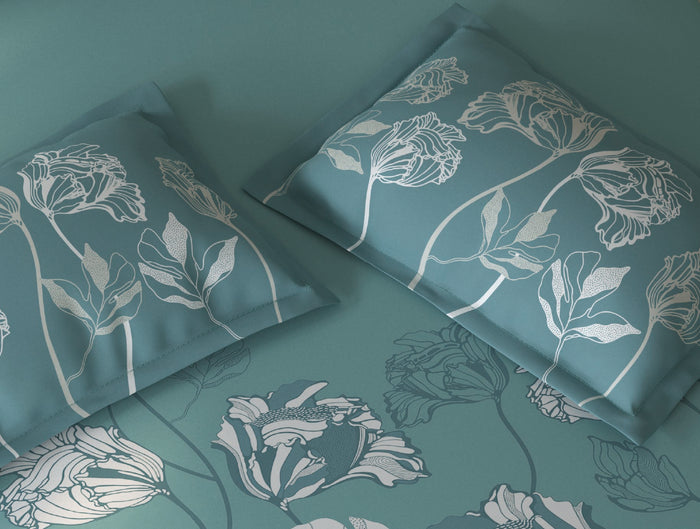 Spaces Fiora Light Teal Floral 100% Cotton Double Duvet Cover - 88 x 106 Inches