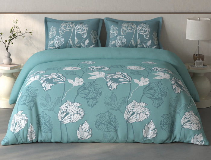 Spaces Fiora Light Teal Floral 100% Cotton Large Bedsheet with 2 Pillow Covers - 108 x 108 Inches