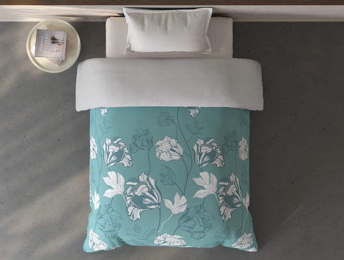 Spaces Fiora Light Teal Floral 100% Cotton Single Quilt - 59 x 86 Inches
