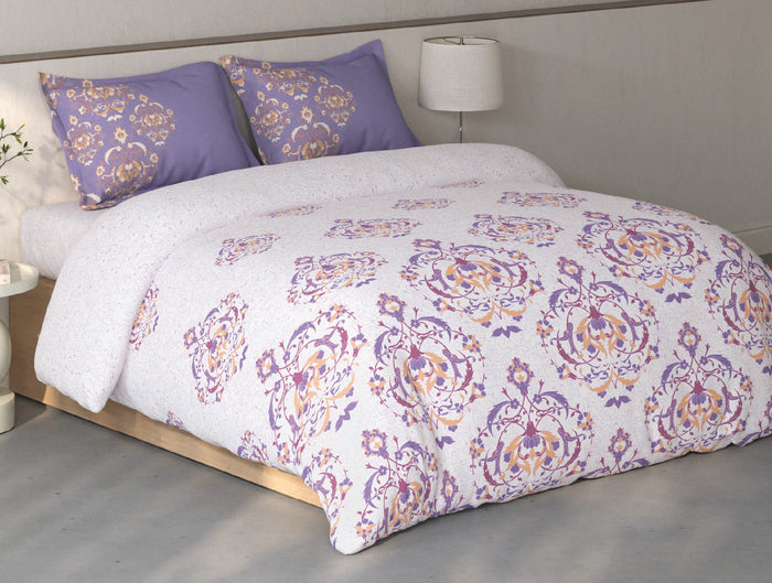 Spaces Fiora Light Violet Ornate 100% Cotton Large Bedsheet with 2 Pillow Covers - 108 x 108 Inches