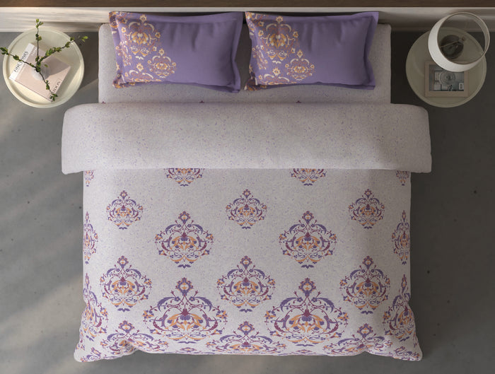 Spaces Fiora Light Violet Ornate 100% Cotton Large Bedsheet with 2 Pillow Covers - 108 x 108 Inches