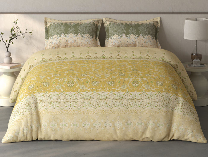 Spaces Fiora Light Yellow Ornate 100% Cotton Large Bedsheet with 2 Pillow Covers - 108 x 108 Inches