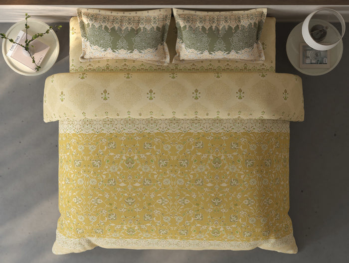 Spaces Fiora Light Yellow Ornate 100% Cotton Large Bedsheet with 2 Pillow Covers - 108 x 108 Inches