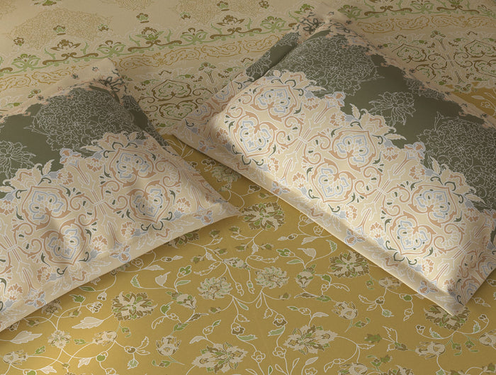 Spaces Fiora Light Yellow Ornate 100% Cotton Large Bedsheet with 2 Pillow Covers - 108 x 108 Inches